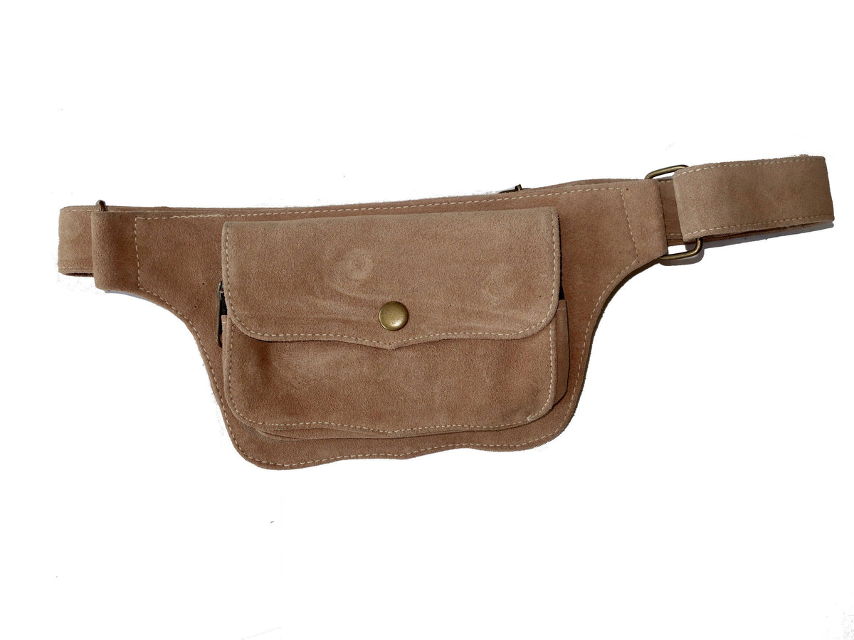 Unisex Leather Festival Belt | Beige Suede, 2 Pocket | utility, travel, cosplay, festival | | Wiccan Center