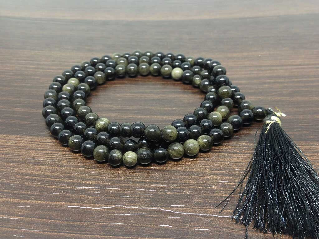 One (1) Natural 6mm Rainbow Black obsidian Mala With 108 Prayer Beads Perfect For Mediation Jap mala Prayer mala Necklace ~ JP150 | | Wiccan Center