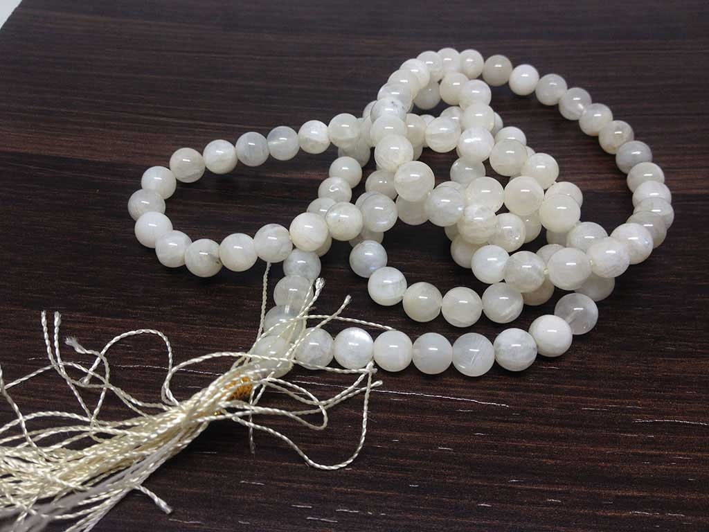 White Rainbow Moonstone Mala With 108 Prayer Beads.
