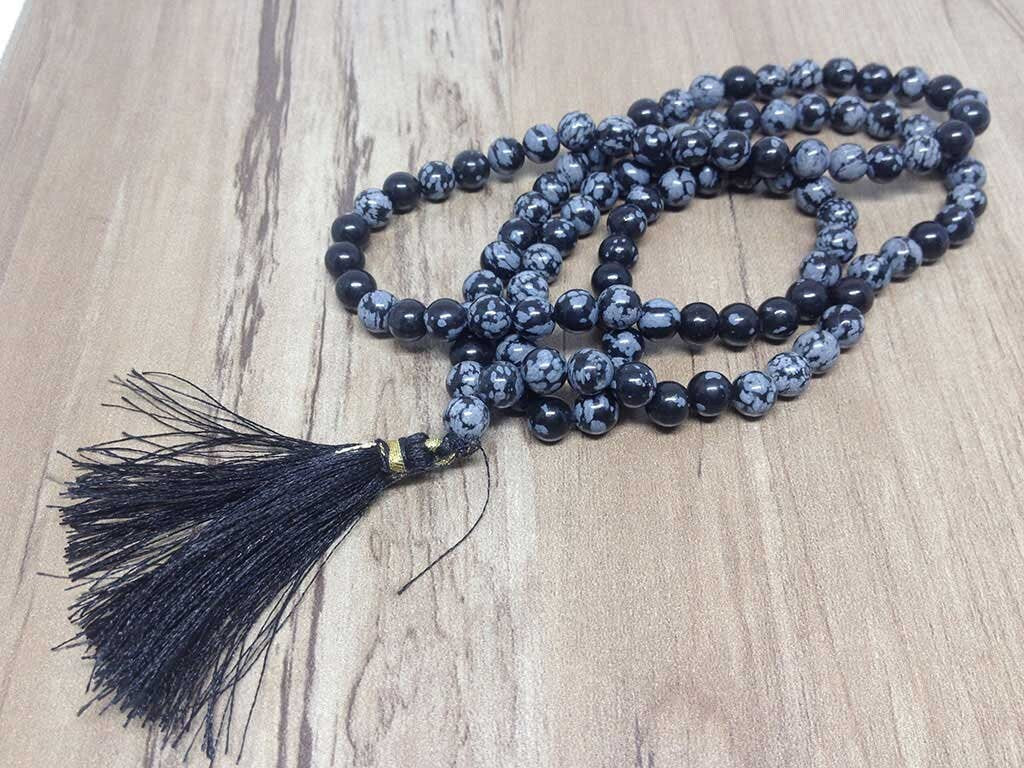Snowflake Black Obsidian Mala With 108 Prayer Beads Jap Mala.