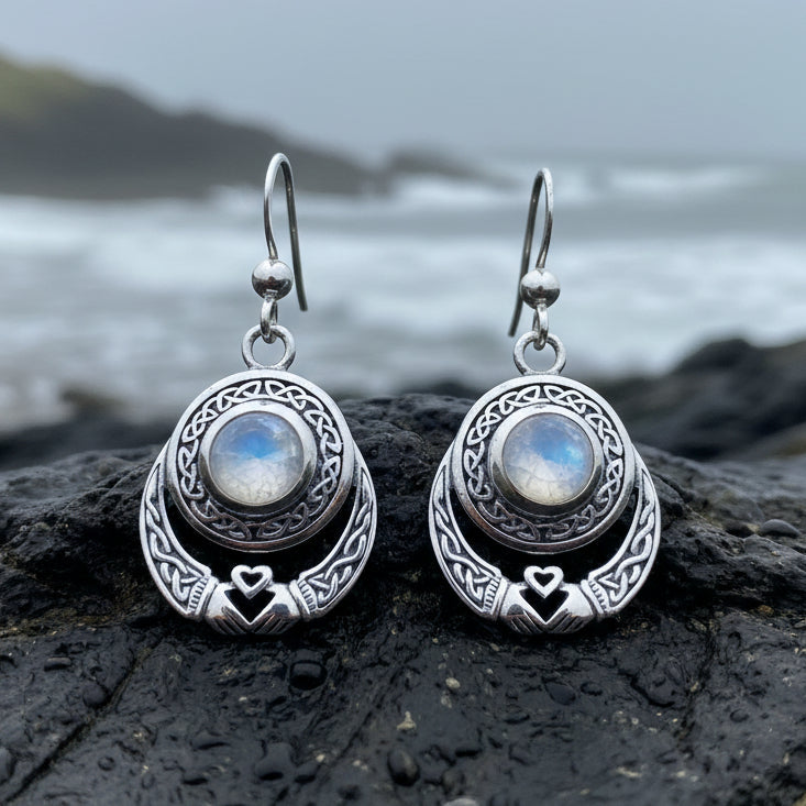 Tess Irish Claddagh Moonstone Earrings in Sterling Silver
