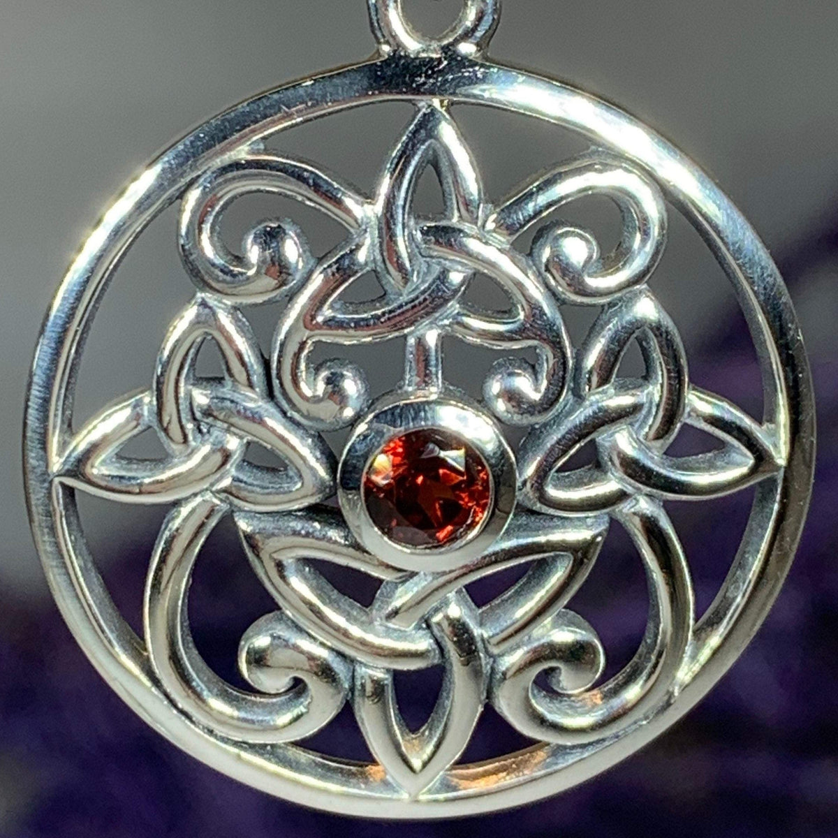 Oifa Trinity Knot Garnet Necklace in Sterling Silver