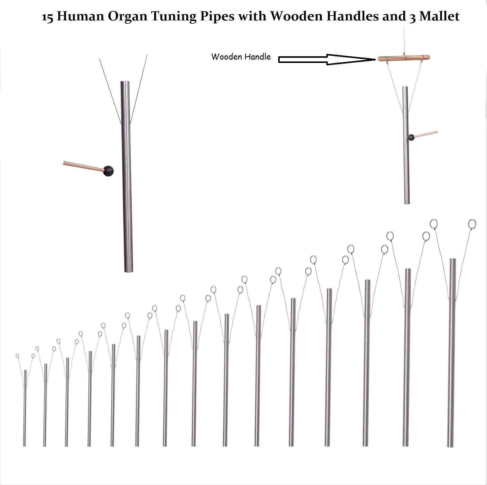 15 Human Organ Healing Tuning Pipes with Wood Hand Stands and 3 Mallets - Louder than Tuning Forks