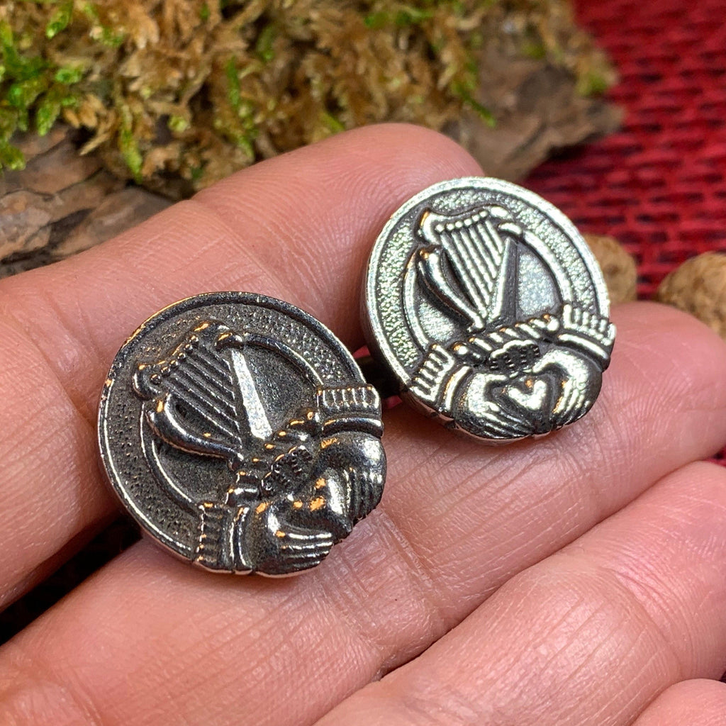 Irish Claddagh & Harp Cuff Links in Pewter | Cuff Links | Wiccan Center