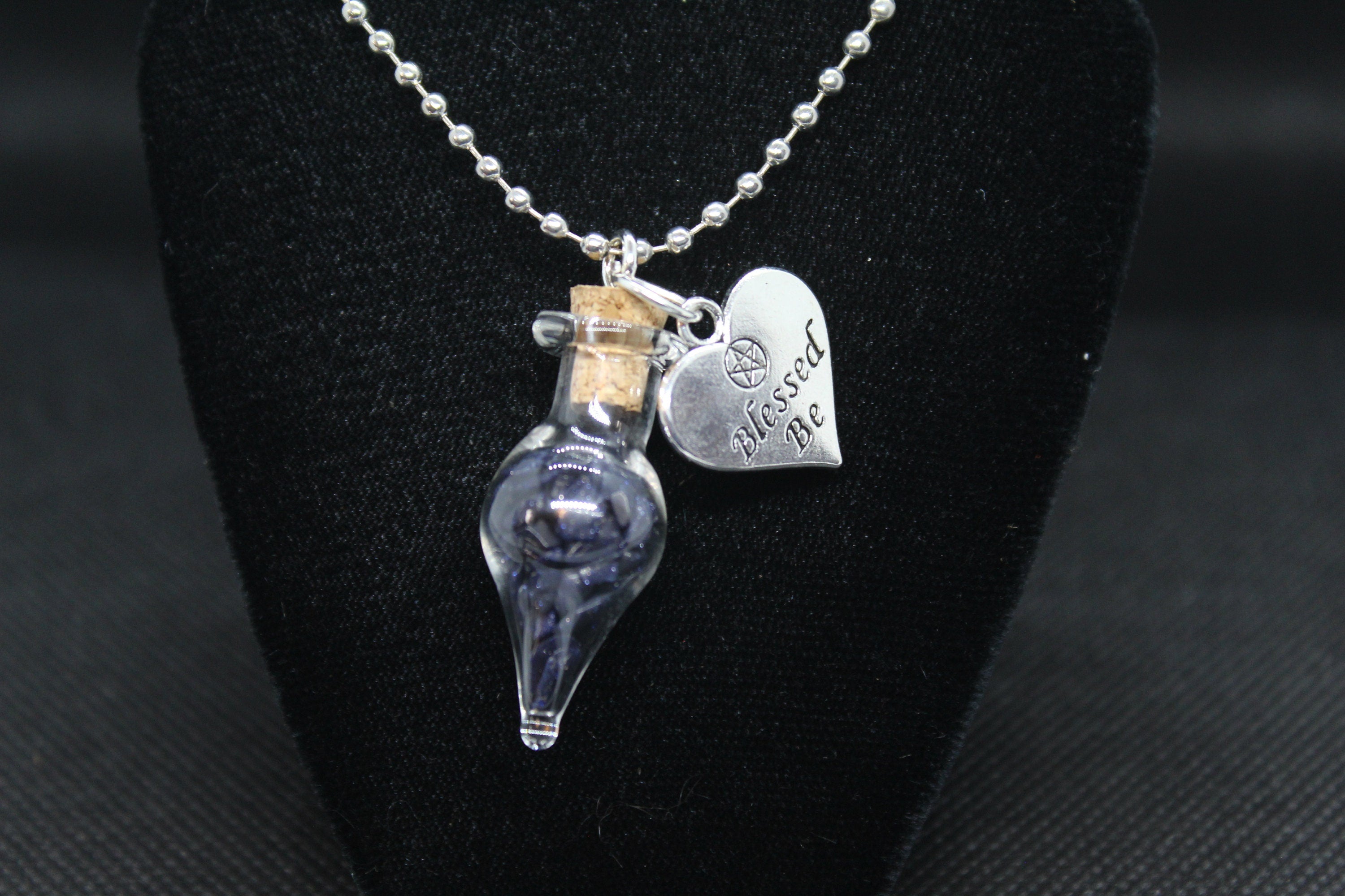 Blue Sandstone Teardrop Glass Blessed Be Necklace Crystal Witch Witchy Jewelry Witchcraft Wicca Wiccan Pagan Metaphysical