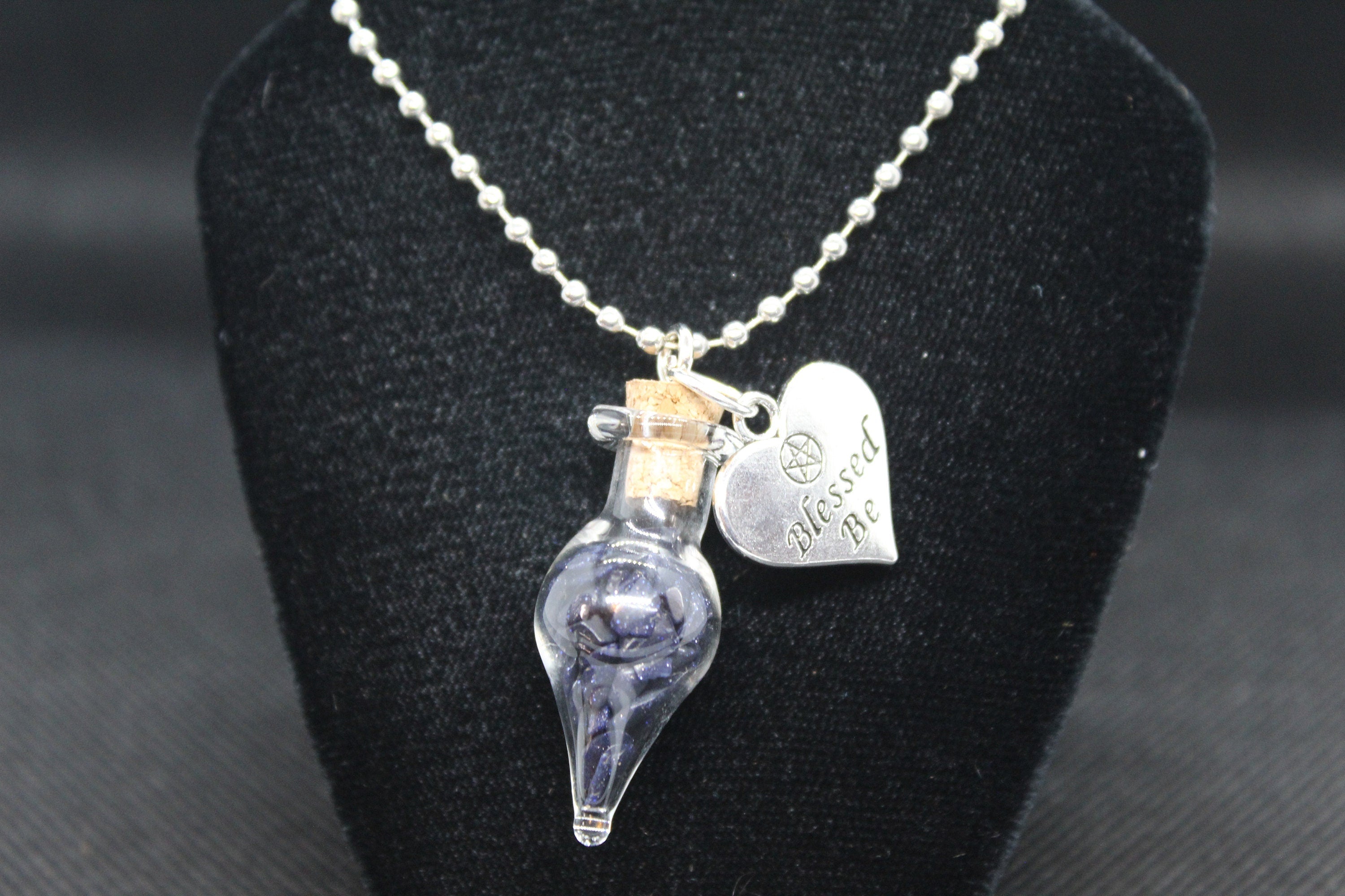 Blue Sandstone Teardrop Glass Blessed Be Necklace Crystal Witch Witchy Jewelry Witchcraft Wicca Wiccan Pagan Metaphysical