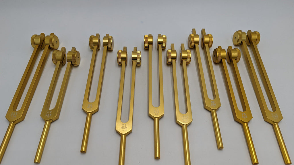 18 Set Sacred 9 Solfeggio and 9 Chakra Bundle Gold Weighted Tuning Fork Set Tuned to .25 Hz for Sound Healing Meditation Yoga