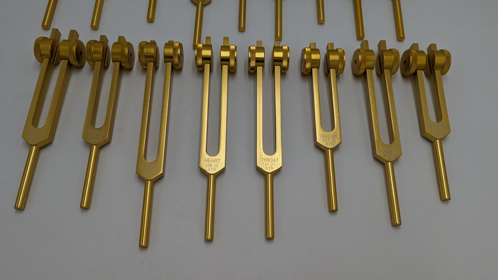 18 Set Sacred 9 Solfeggio and 9 Chakra Bundle Gold Weighted Tuning Fork Set Tuned to .25 Hz for Sound Healing Meditation Yoga