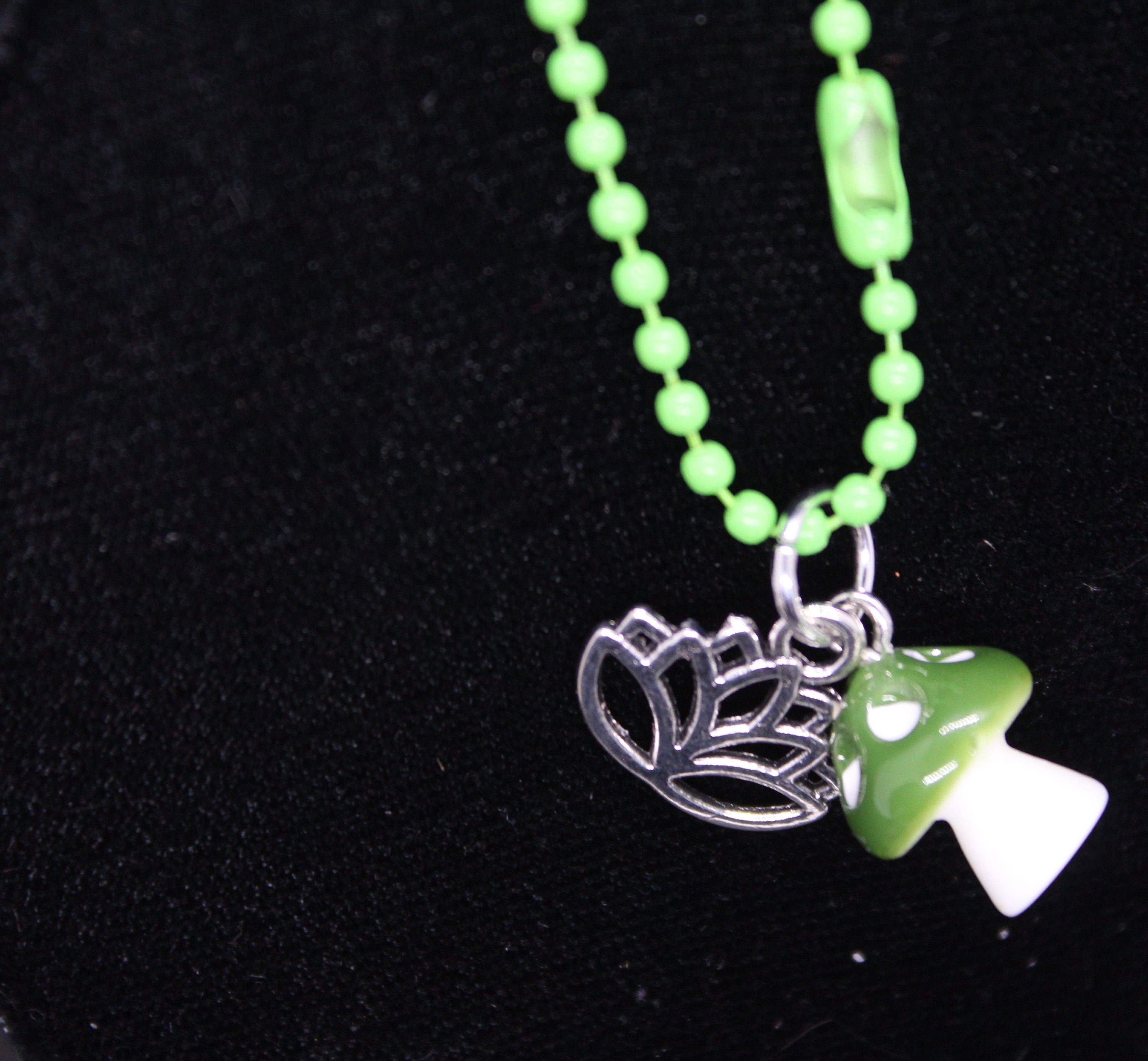 Green Mushroom Lotus Keychain Charm Zipper Pull Crystal Witch Witchy Jewelry Witchcraft Metaphysical