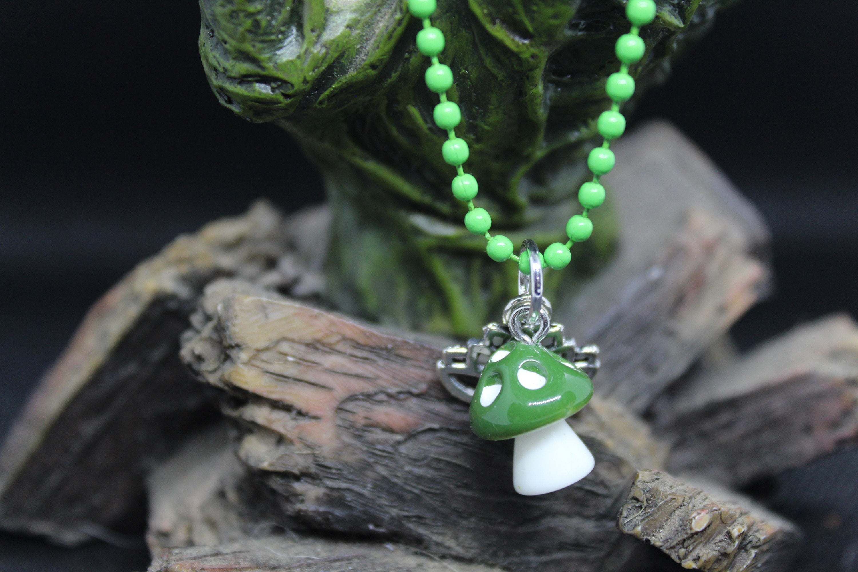 Green Mushroom Lotus Keychain Charm Zipper Pull Crystal Witch Witchy Jewelry Witchcraft Metaphysical
