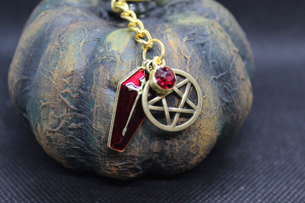 Gold Red Casket Pentacle Keychain Charm Zipper Pull Crystal Witch Witchy Jewelry Witchcraft