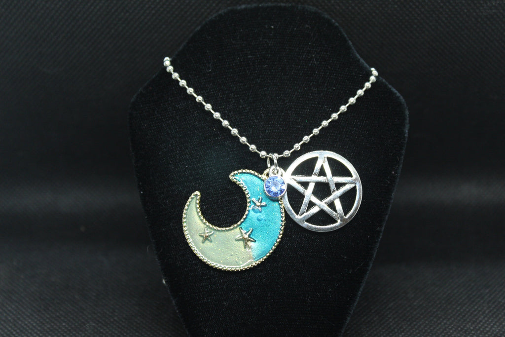 Blue Moon Pentacle Necklace Crystal Witch Witchy Jewelry Witchcraft Wicca Wiccan Pagan Metaphysical