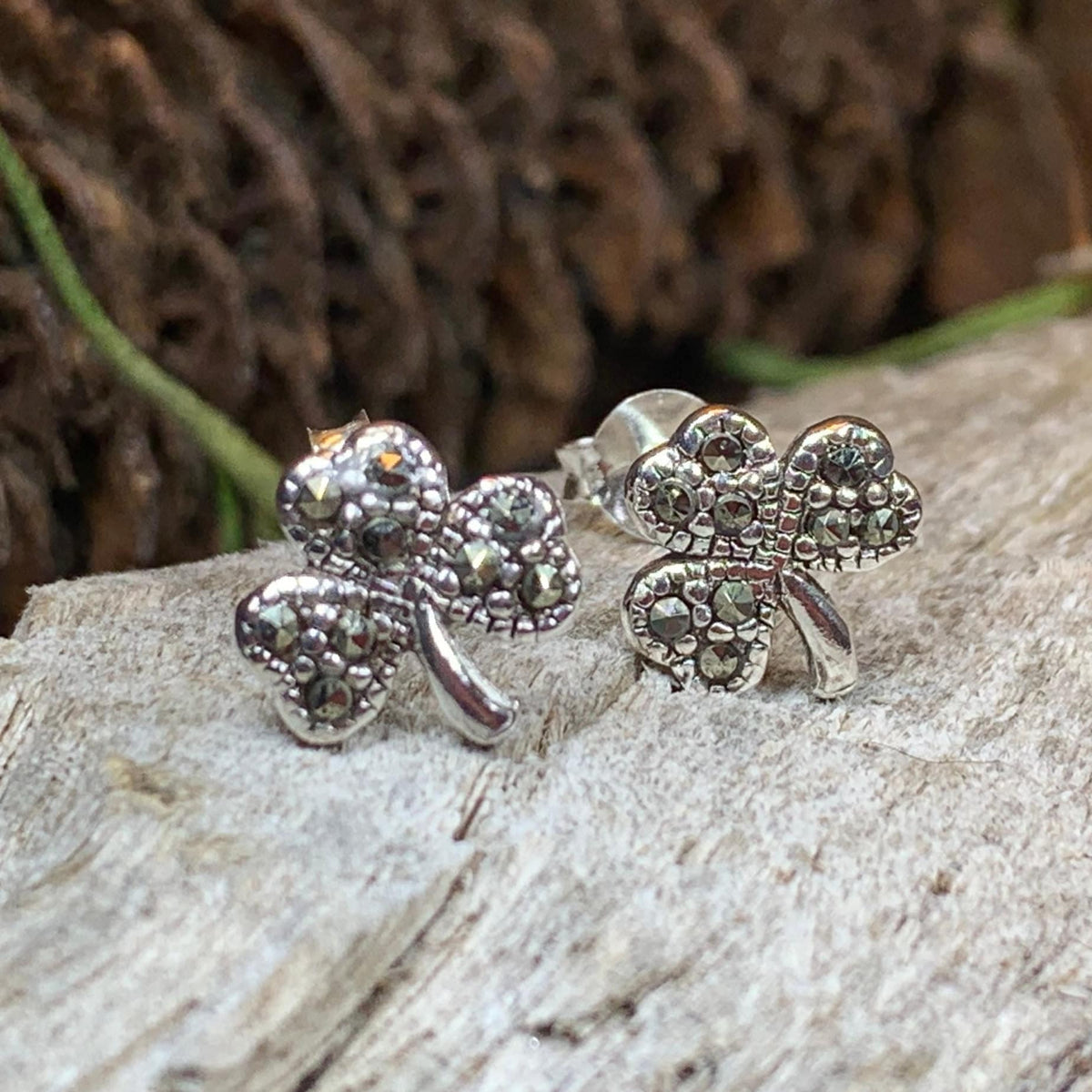 Marcasite Irish Shamrock Earrings in Sterling Silver | Post Earrings | Wiccan Center