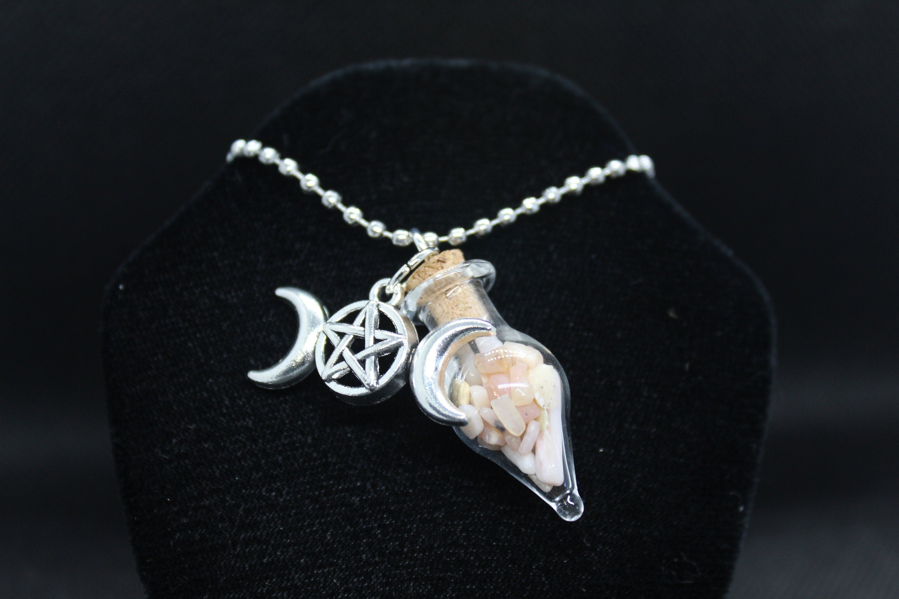 Pink Opal Glass Teardrop Triple Moon Necklace Crystal Witch Witchy Jewelry Witchcraft Wicca Wiccan Pagan Metaphysical