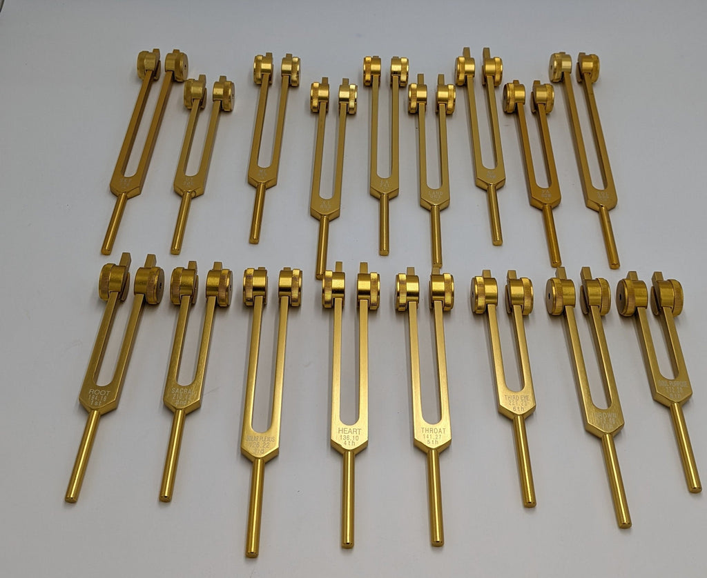 18 Set Sacred 9 Solfeggio and 9 Chakra Bundle Gold Weighted Tuning Fork Set Tuned to .25 Hz for Sound Healing Meditation Yoga