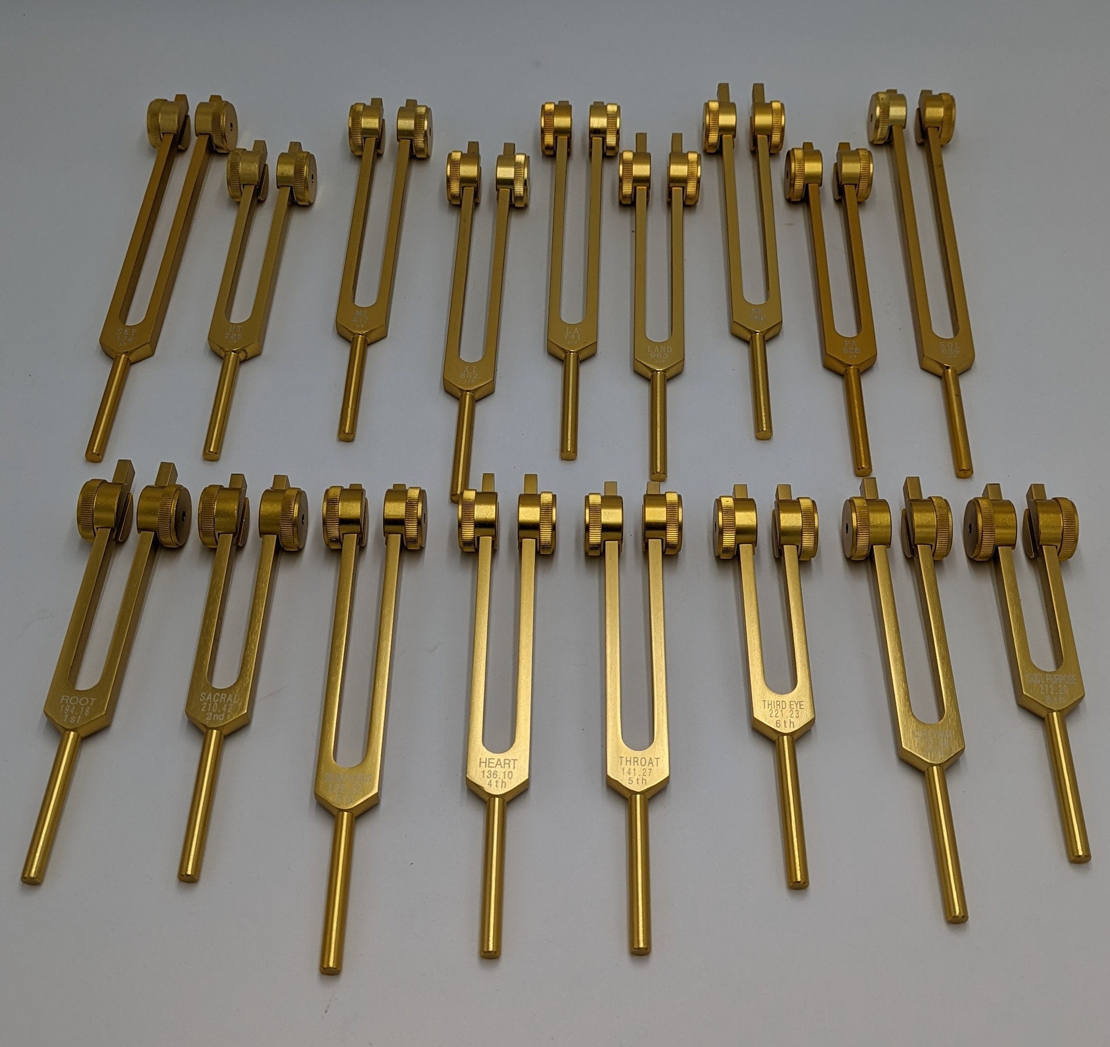 18 Set Sacred 9 Solfeggio and 9 Chakra Bundle Gold Weighted Tuning Fork Set Tuned to .25 Hz for Sound Healing Meditation Yoga