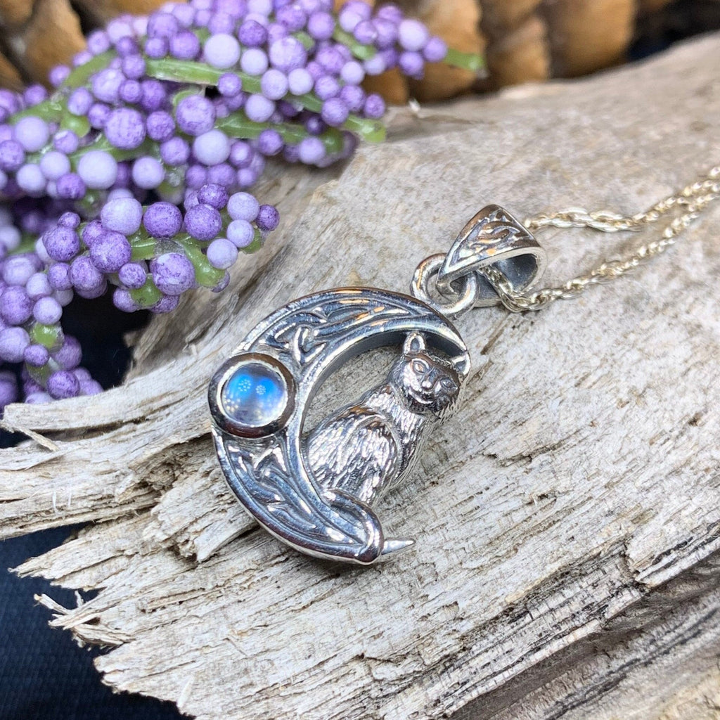 Celtic Cat in the Moon Necklace in Sterling Silver | Pendant | Wiccan Center