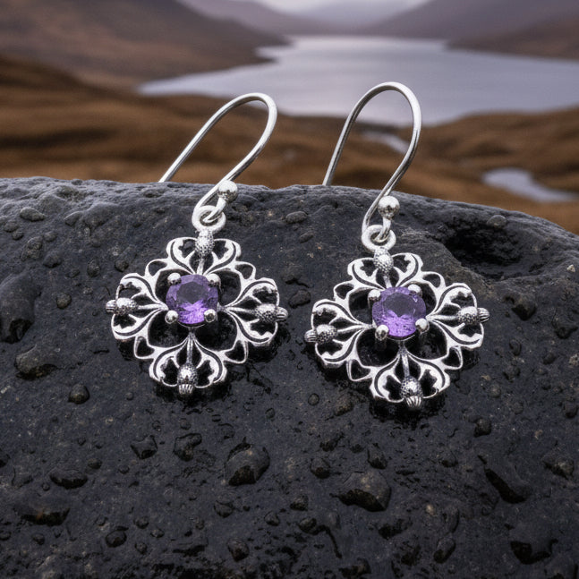 Nairn Scottish Thistle Earrings with Amethysts | Dangle Earrings | Wiccan Center