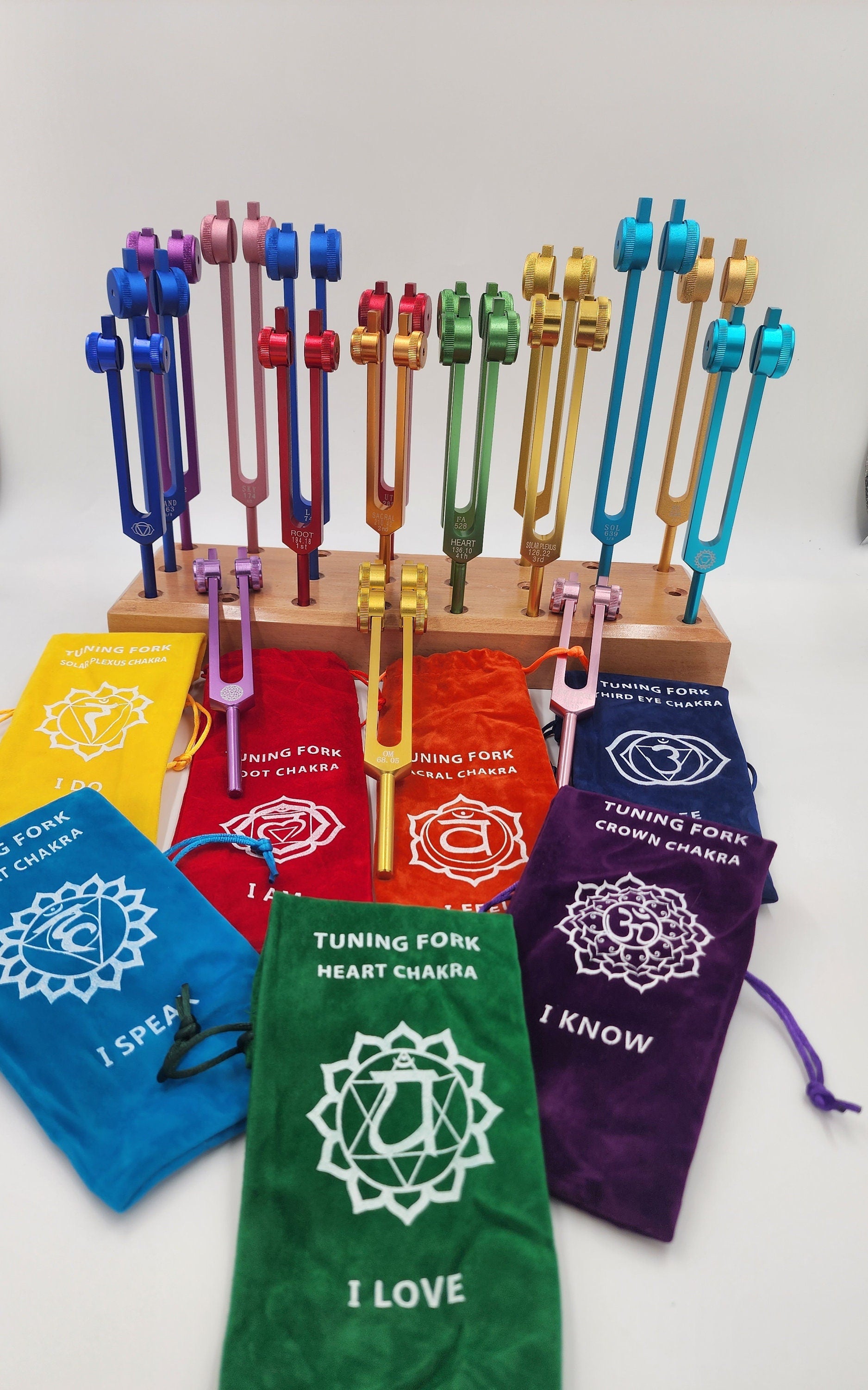 17 Set Solfeggio and Chakra Weighted Tuning Fork Set Tuned .25 Hz for Biofield Therapy Sound Healing with 24 Hole WOODEN STAND