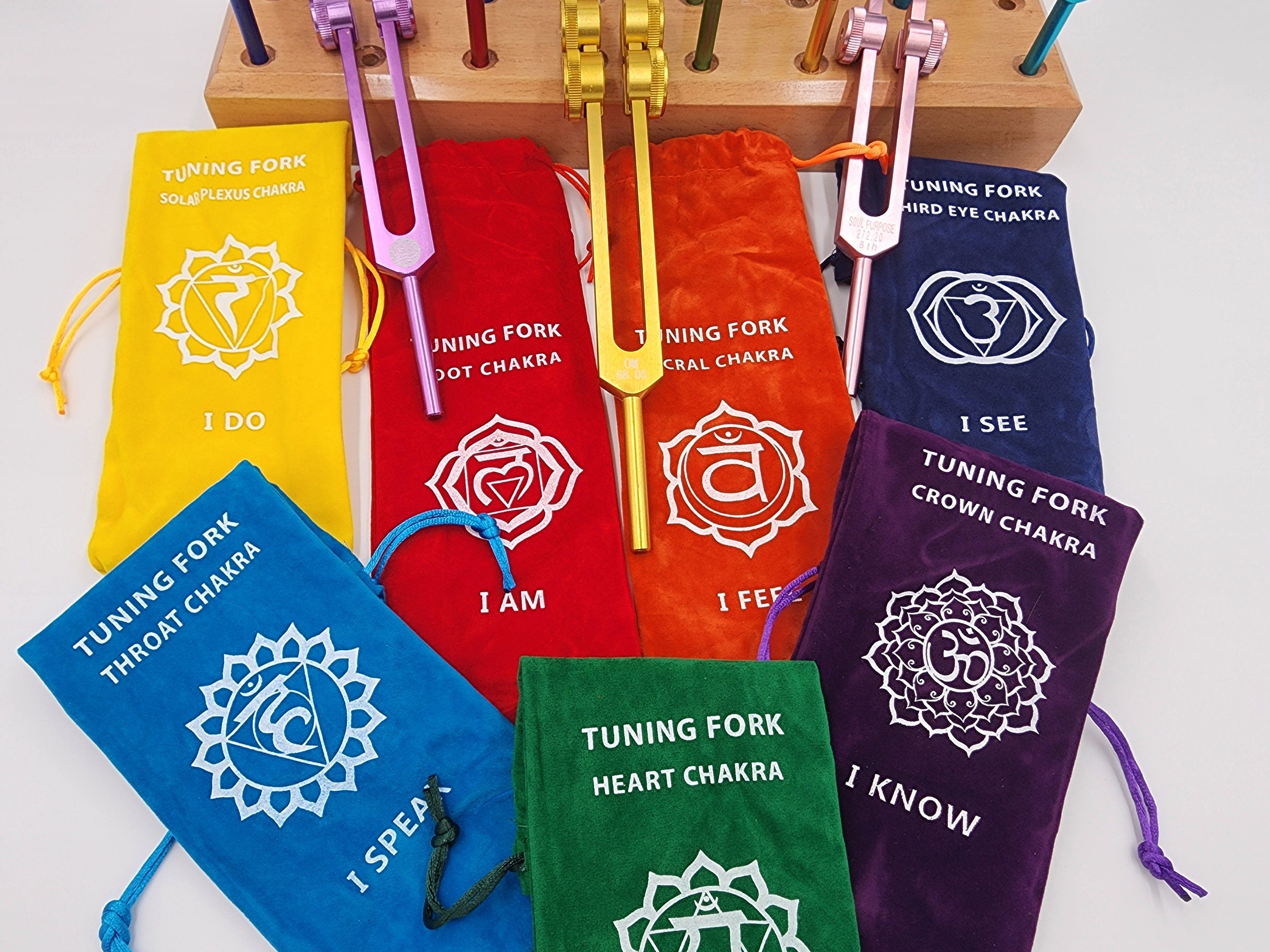 17 Set Solfeggio and Chakra Weighted Tuning Fork Set Tuned .25 Hz for Biofield Therapy Sound Healing with 24 Hole WOODEN STAND