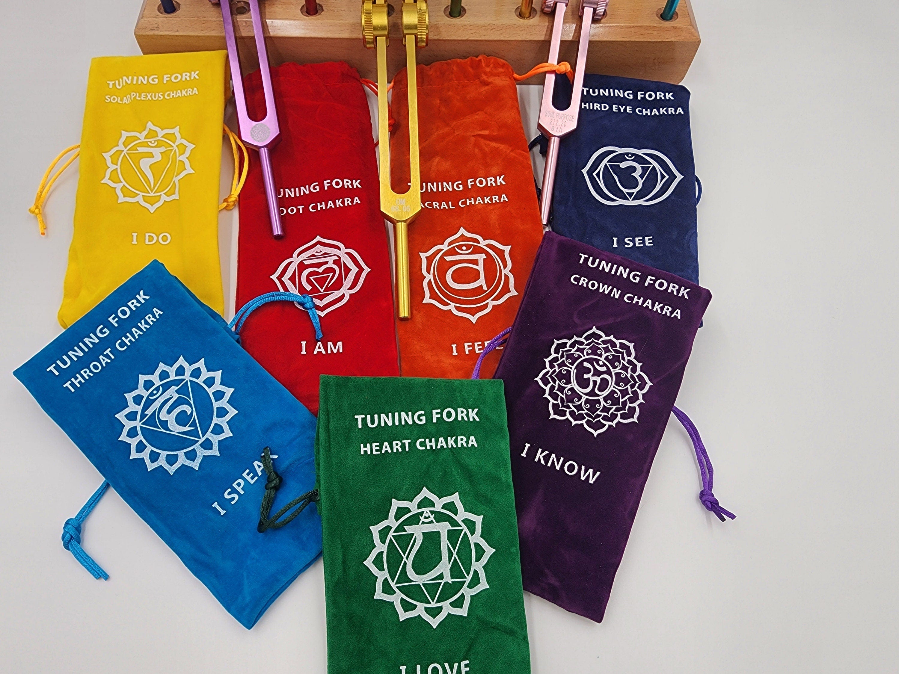 17 Set Solfeggio and Chakra Weighted Tuning Fork Set Tuned .25 Hz for Biofield Therapy Sound Healing with 24 Hole WOODEN STAND