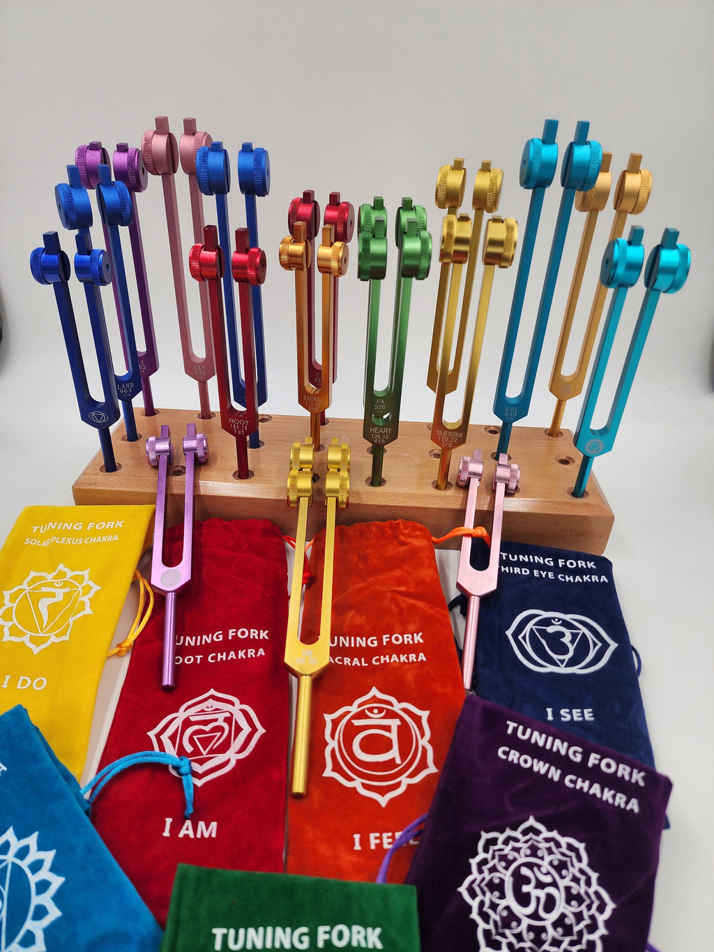 17 Set Solfeggio and Chakra Weighted Tuning Fork Set Tuned .25 Hz for Biofield Therapy Sound Healing with 24 Hole WOODEN STAND