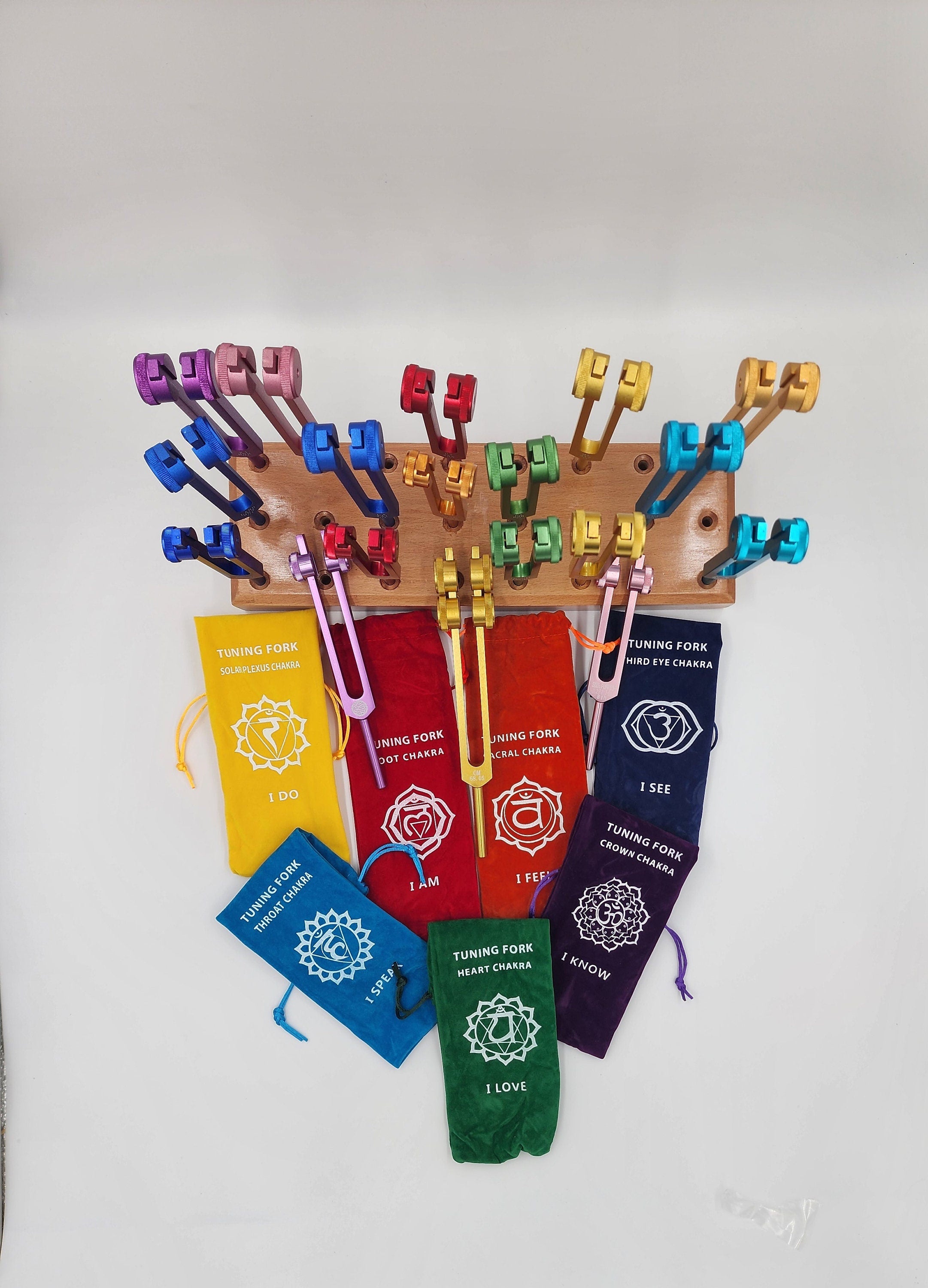 17 Set Solfeggio and Chakra Weighted Tuning Fork Set Tuned .25 Hz for Biofield Therapy Sound Healing with 24 Hole WOODEN STAND