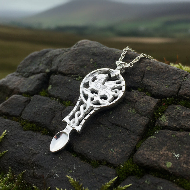 Welsh Dragon Love Spoon Necklace in Sterling Silver | Pendant | Wiccan Center