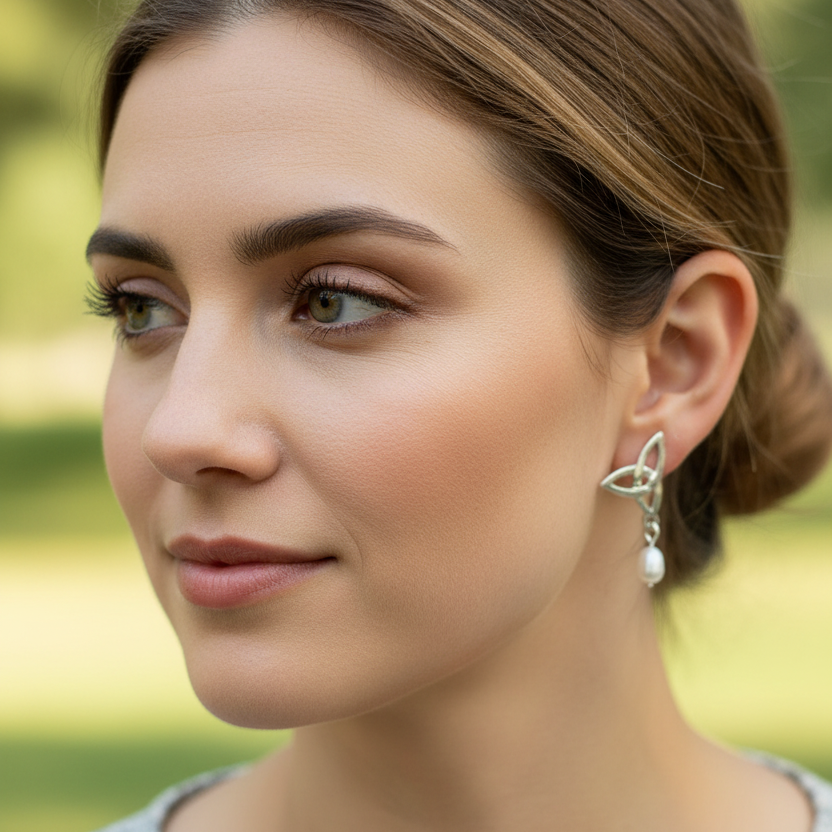 Katina Celtic Knot Pearl Earrings - Handmade in Scotland | Post Earrings | Wiccan Center