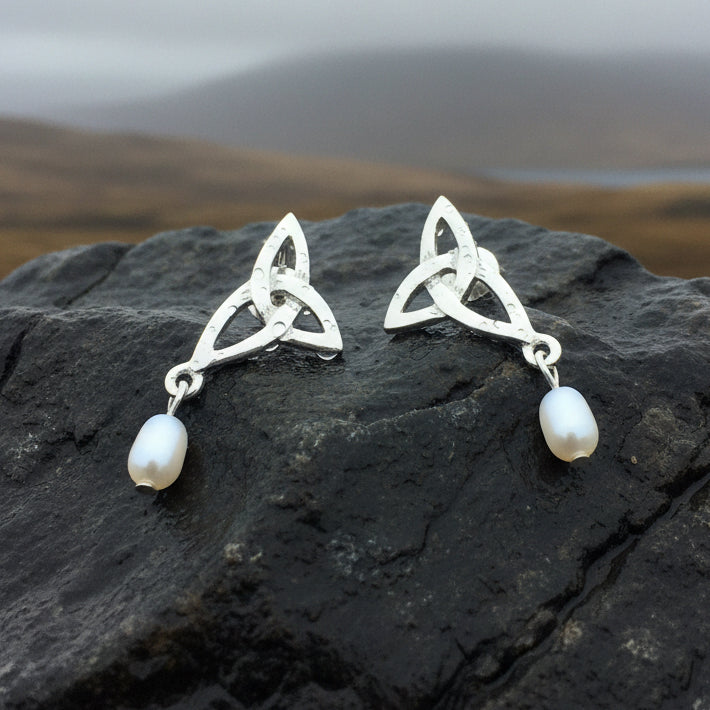 Katina Celtic Knot Pearl Earrings - Handmade in Scotland | Post Earrings | Wiccan Center