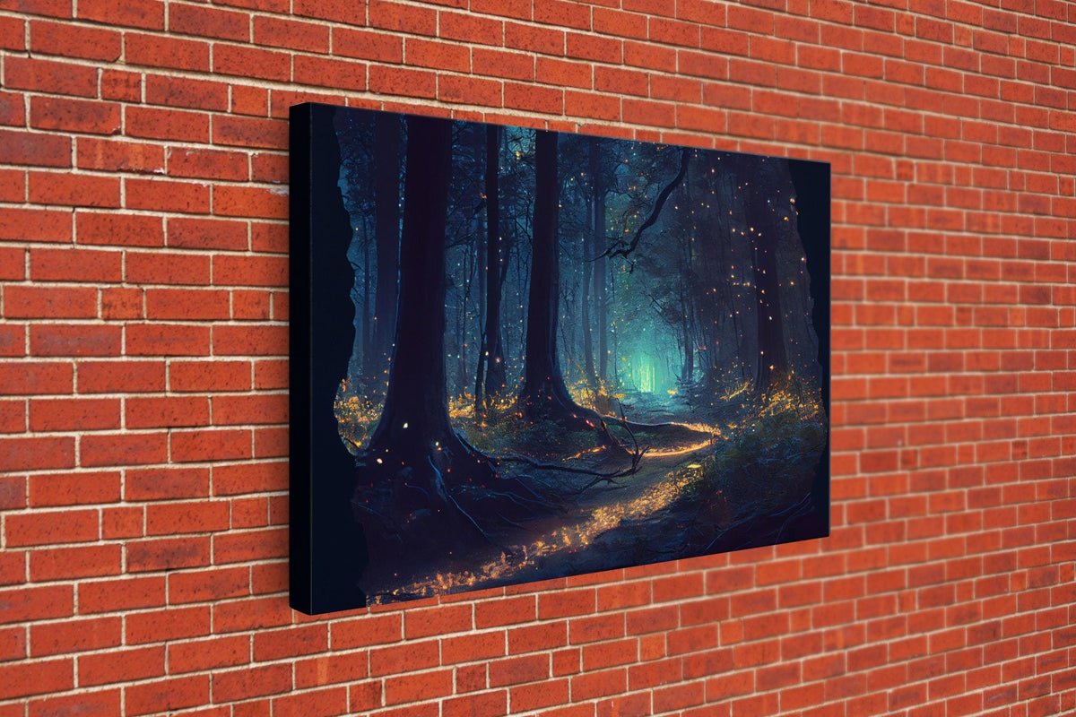 Fireflies light up a mystical fantasy forest at night, framed canvas art, framed print | | Wiccan Center