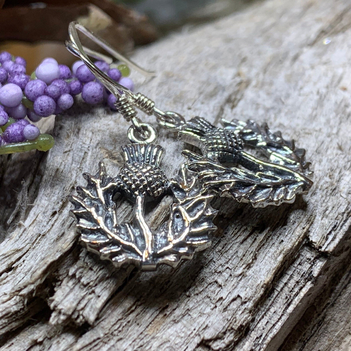 Alruna Scottish Thistle Earrings in Sterling Silver | Dangle Earrings | Wiccan Center