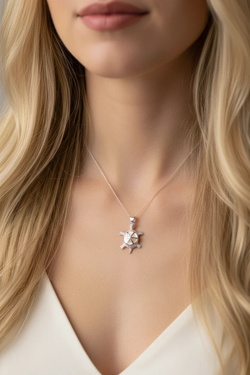 Bright Turtle Necklace in Sterling Silver
