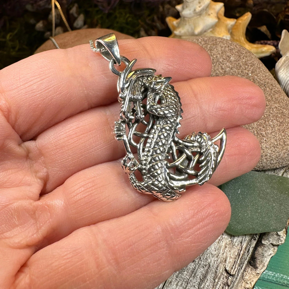 Aevnass Celtic Dragon Moon Necklace in Sterling Silver