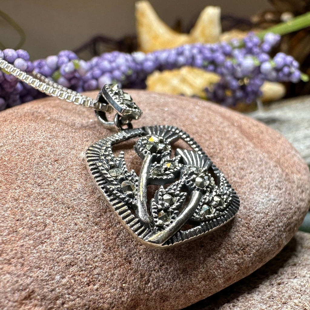 Leonora Scottish Thistle Marcasite Necklace in Sterling Silver | Pendant | Wiccan Center