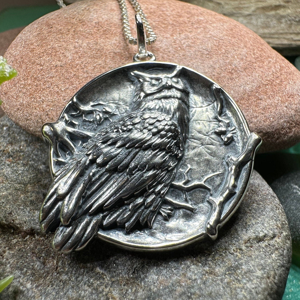 Night Watcher Owl Moon Necklace in Sterling Silver | Pendant | Wiccan Center