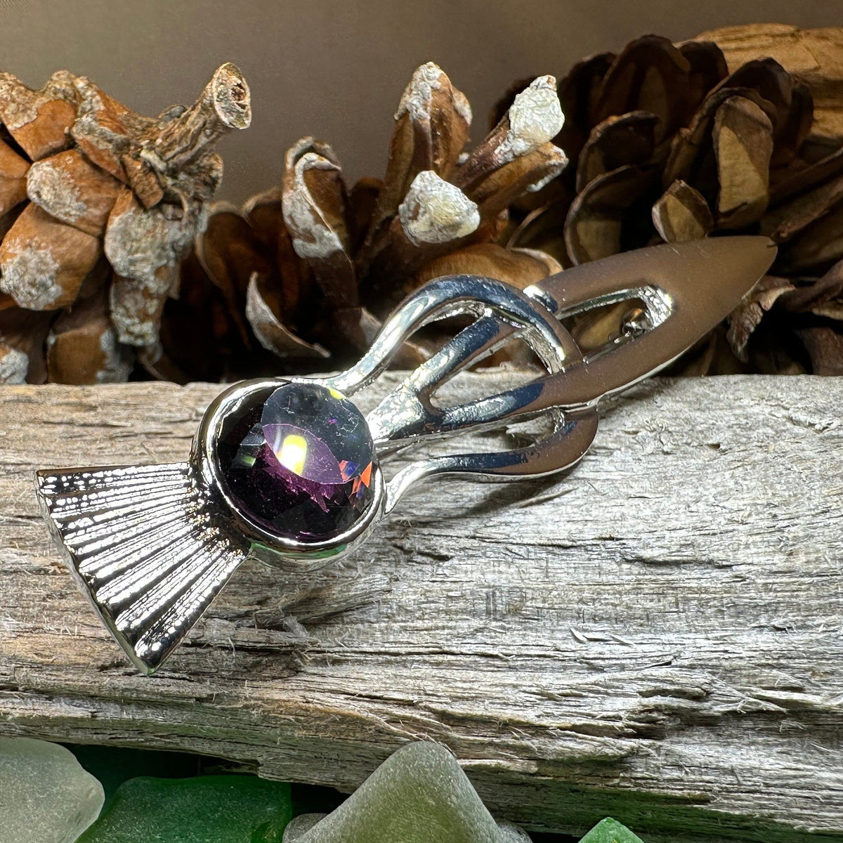 Tollak Thistle Kilt Pin with Crystal - Handmade in Scotland
