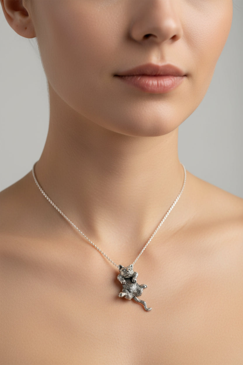 Frisky Cat Necklace in Sterling Silver | Pendant | Wiccan Center