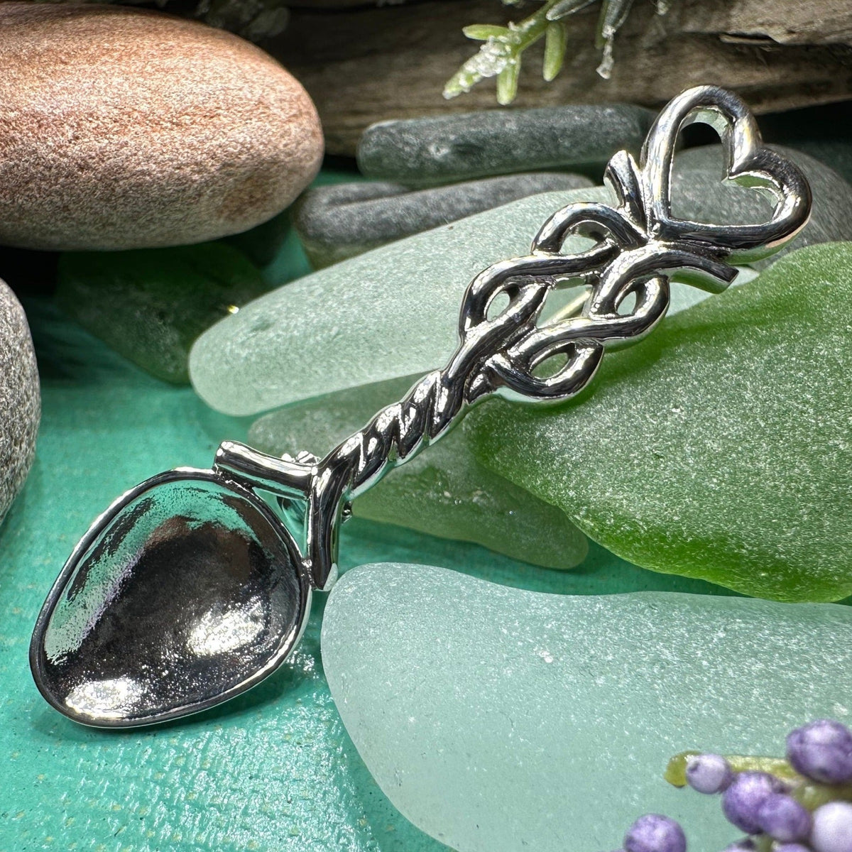 Welsh Celtic Heart Love Spoon Brooch - Sterling Silver Pin | Brooch | Wiccan Center
