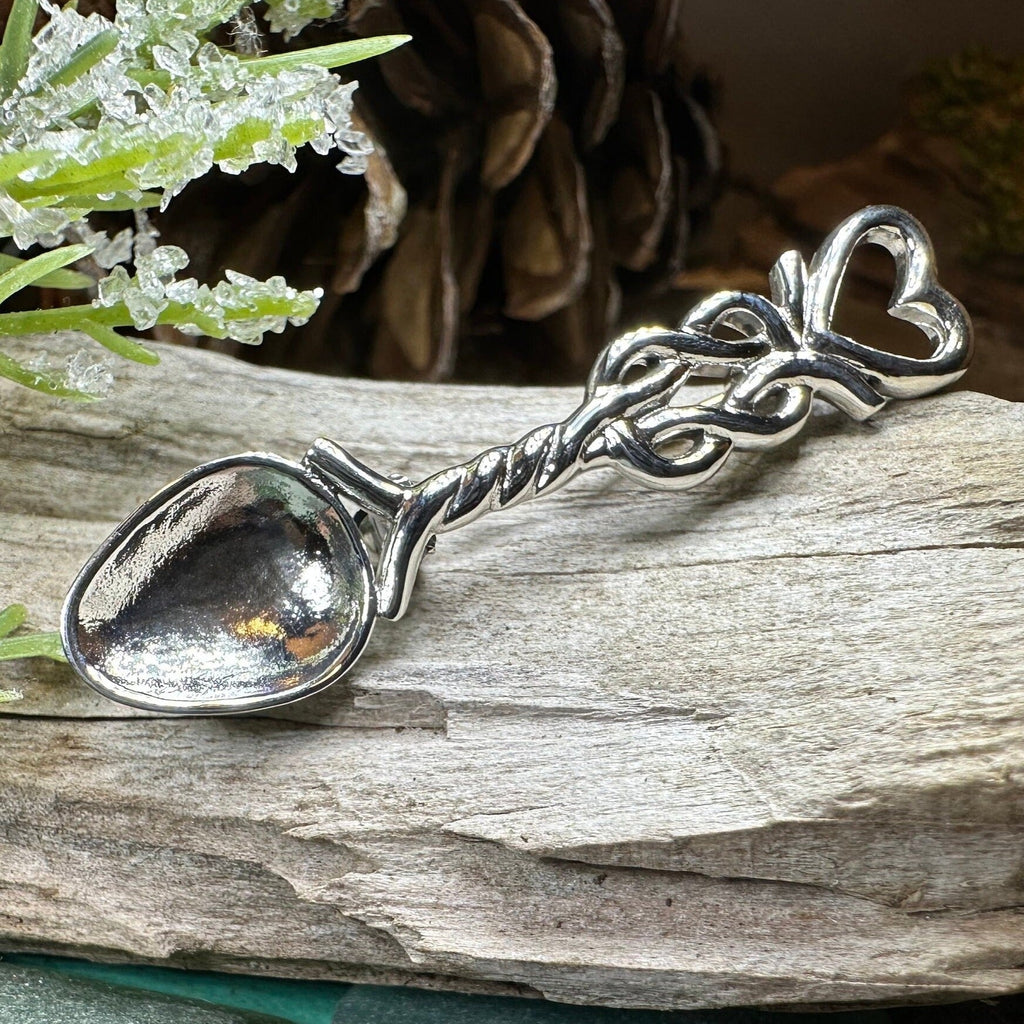 Welsh Celtic Heart Love Spoon Brooch - Sterling Silver Pin | Brooch | Wiccan Center