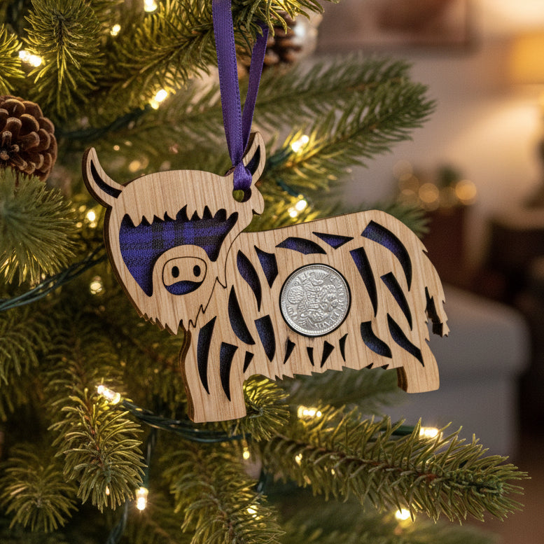 Tartan Highland Cow Lucky Sixpence Ornament | Gifts | Wiccan Center