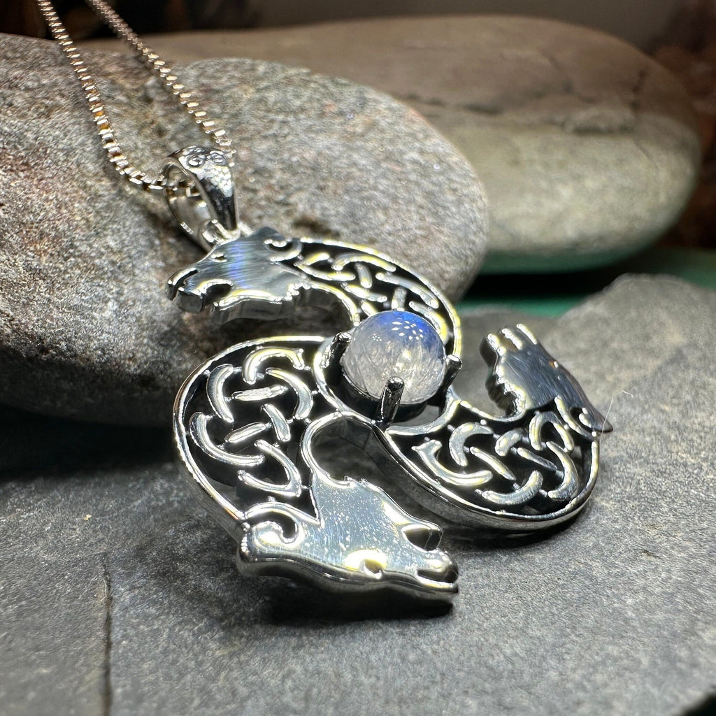 Celtic Bear Triple Spiral Necklace with Moonstone | Pendant | Wiccan Center