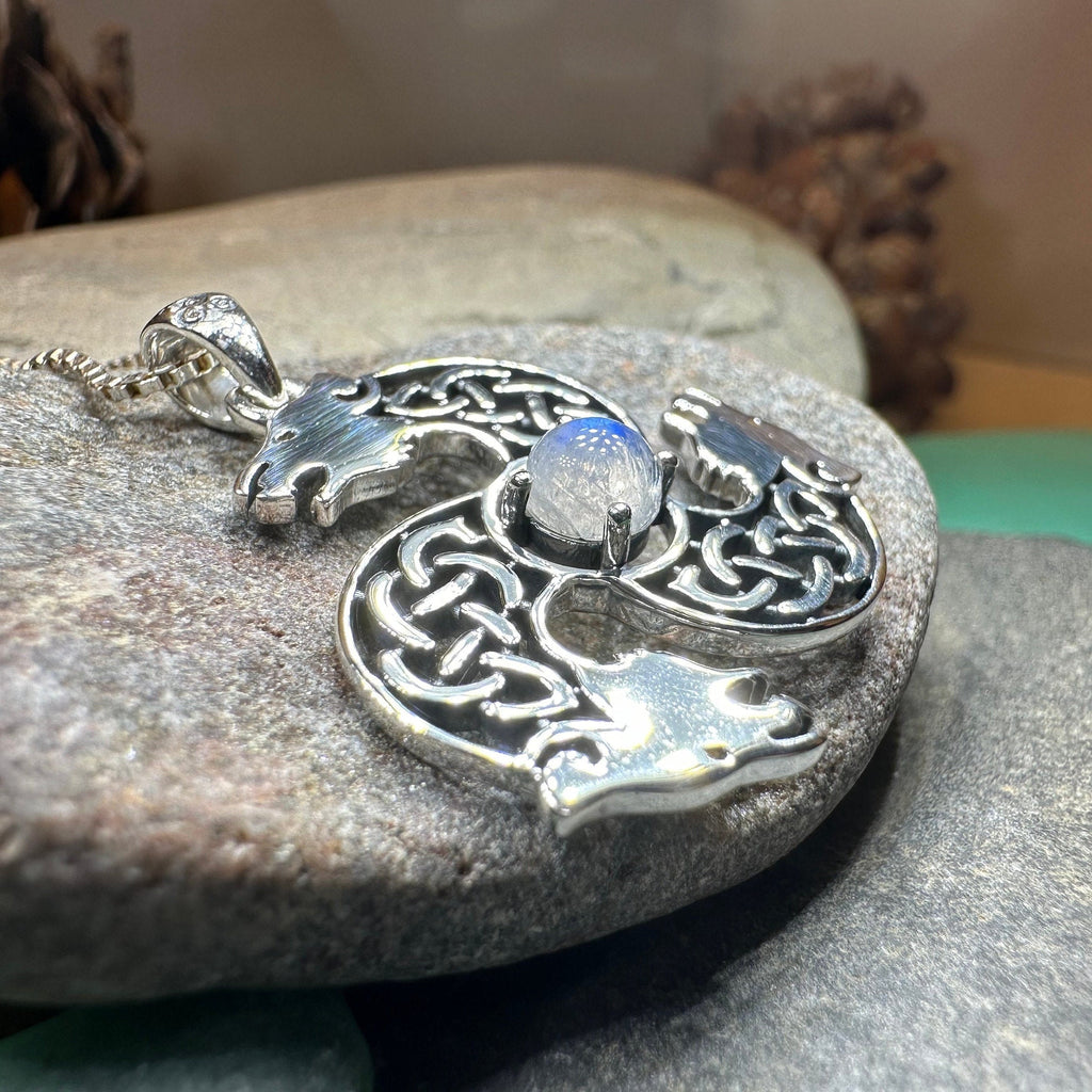 Celtic Bear Triple Spiral Necklace with Moonstone | Pendant | Wiccan Center