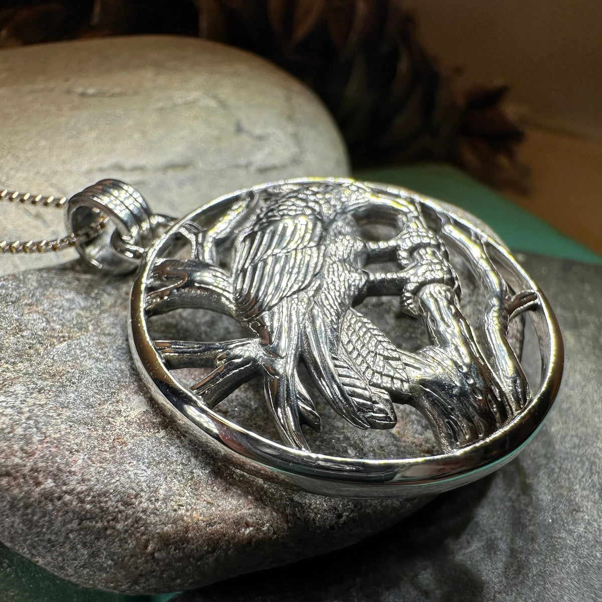 Orna Realistic Raven Necklace in Sterling Silver