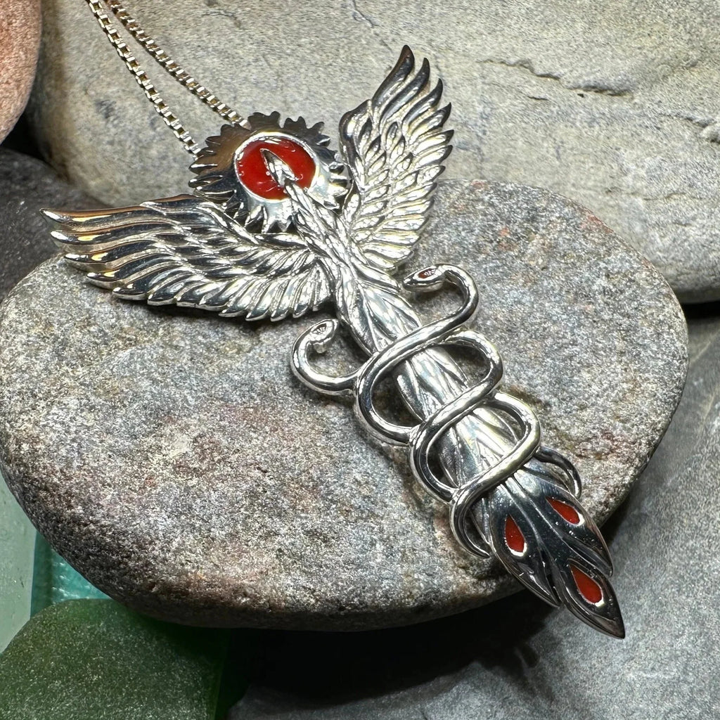 Caduceus Red Phoenix Necklace in Sterling Silver