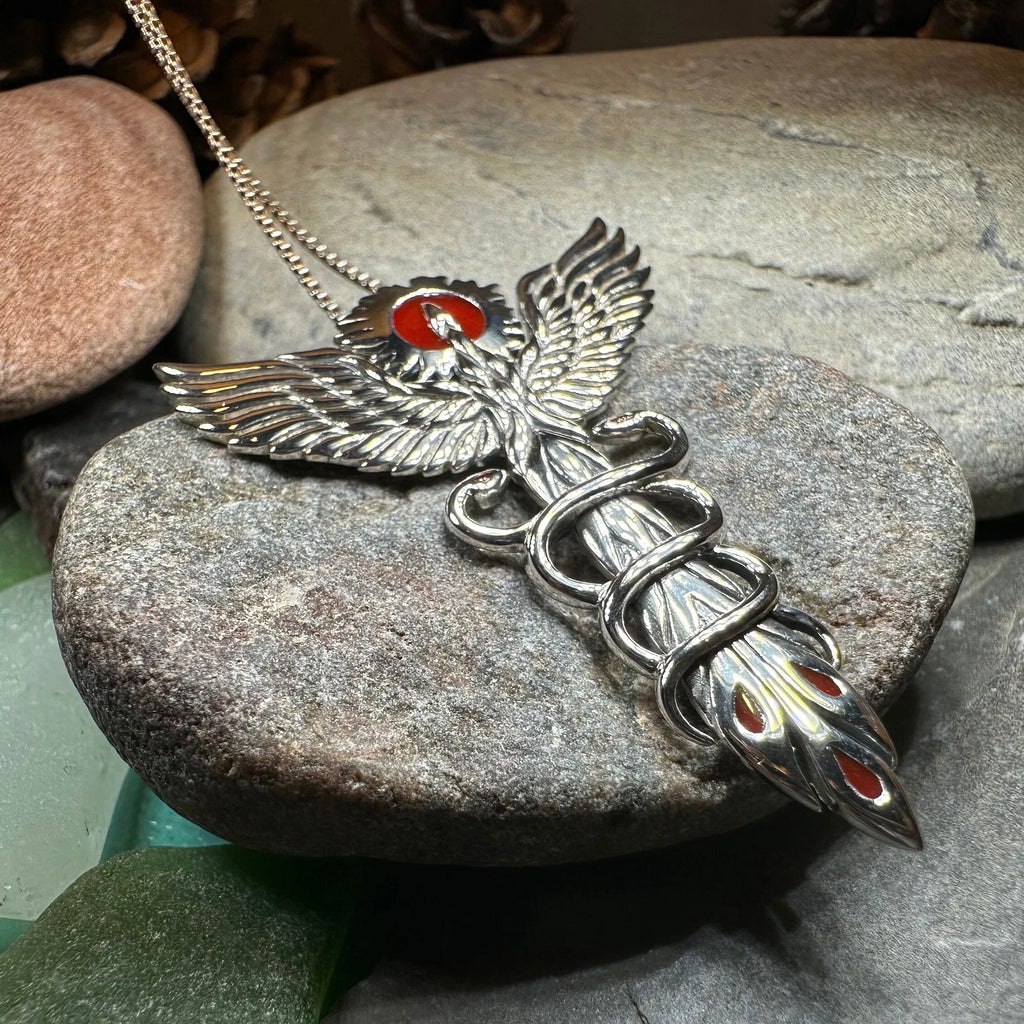 Caduceus Red Phoenix Necklace in Sterling Silver