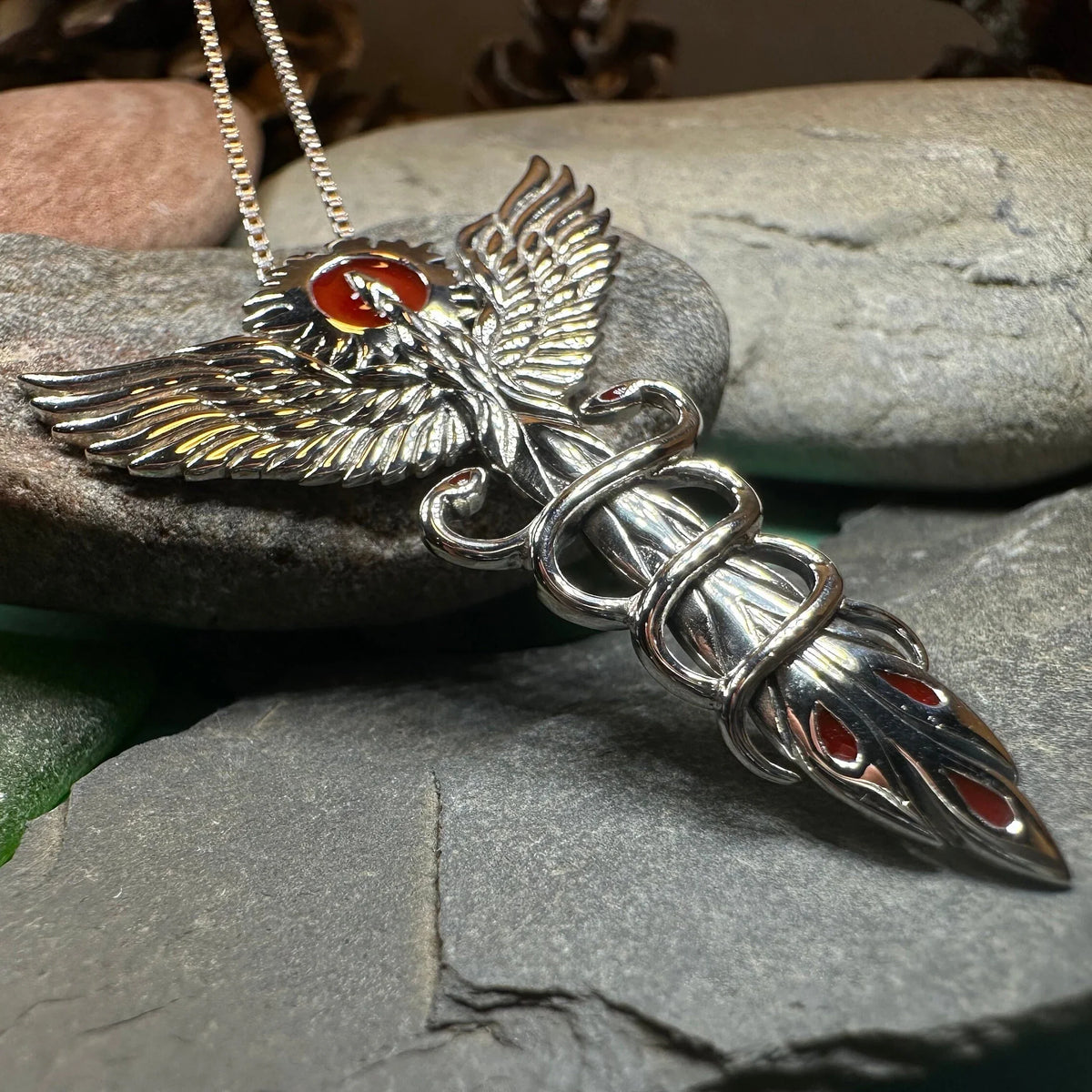 Caduceus Red Phoenix Necklace in Sterling Silver