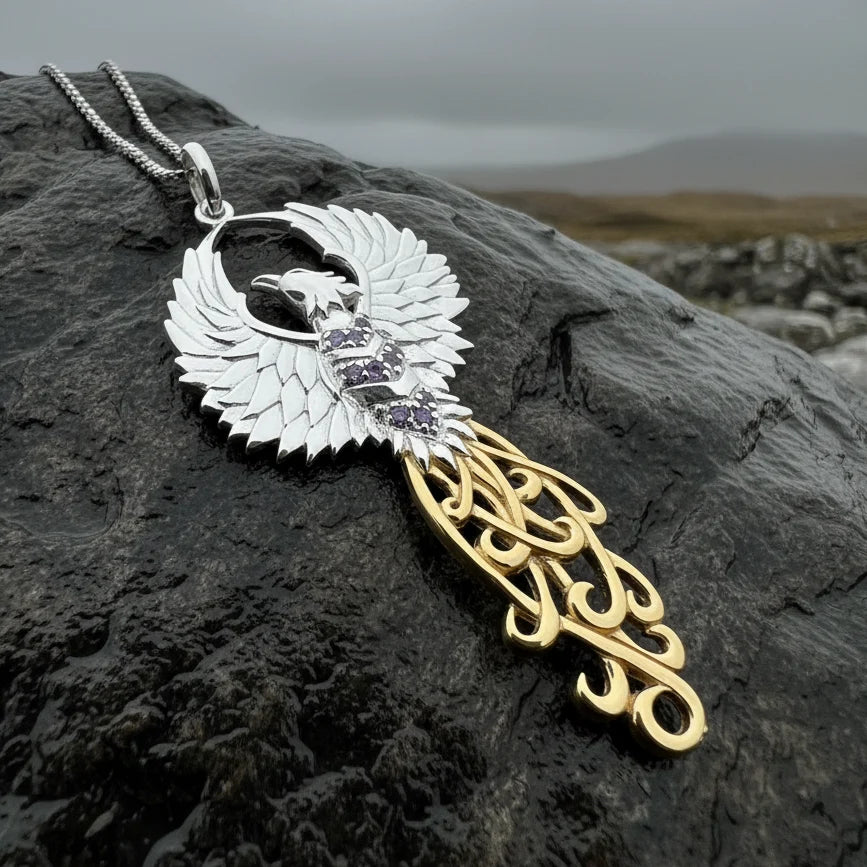 Golden Fire Phoenix Necklace in Sterling Silver | Pendant | Wiccan Center