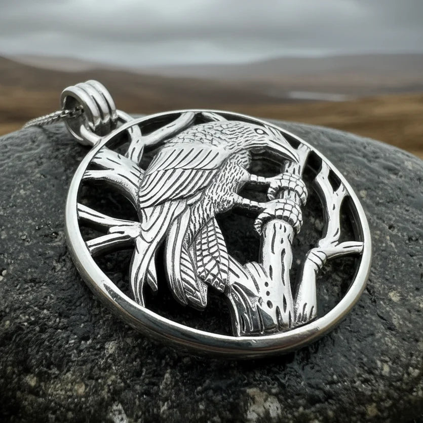 Orna Realistic Raven Necklace in Sterling Silver
