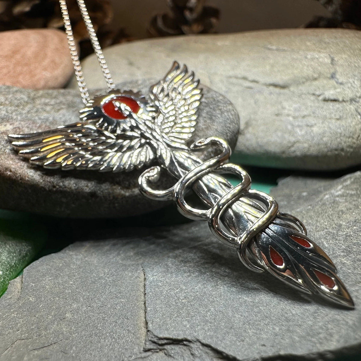 Caduceus Red Phoenix Necklace in Sterling Silver